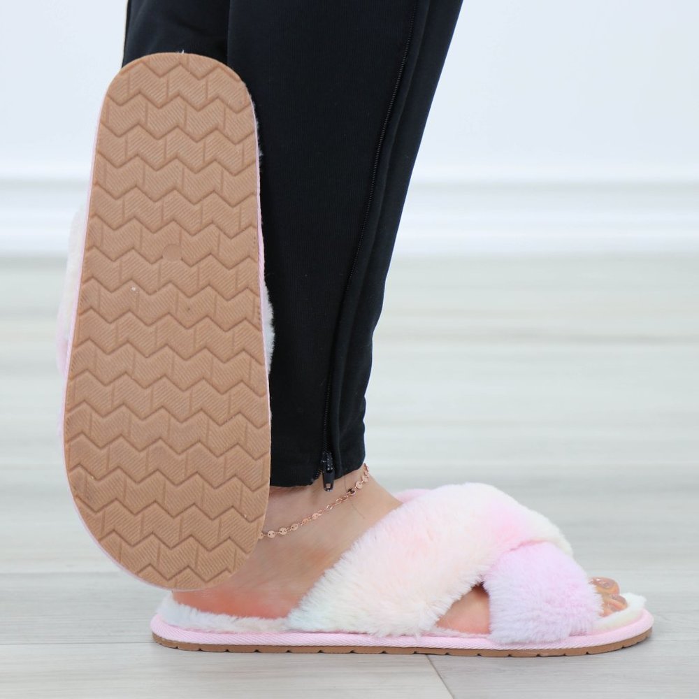 Tie Dye Fuzzy Plush Criss Cross Sandal Sliders - Picture 3 of 16